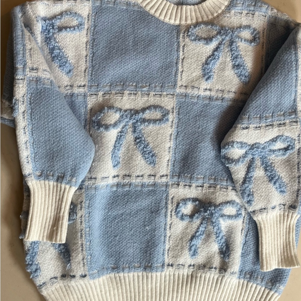 Charming Blue and White Kids Sweater with Bow Design, Oversized fit!